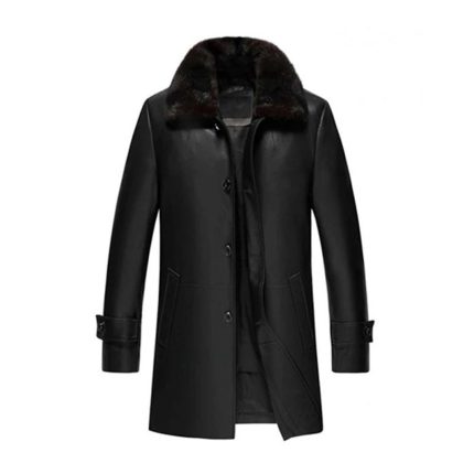 Men's Premium Black Leather 34 Length Coat with Shearling Collar