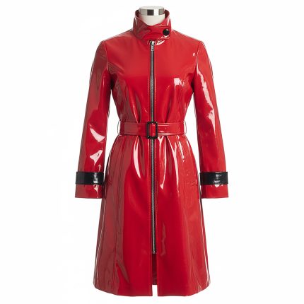 Women’s Red PVC Coat Featuring Black Trims On Collar And Sleeves